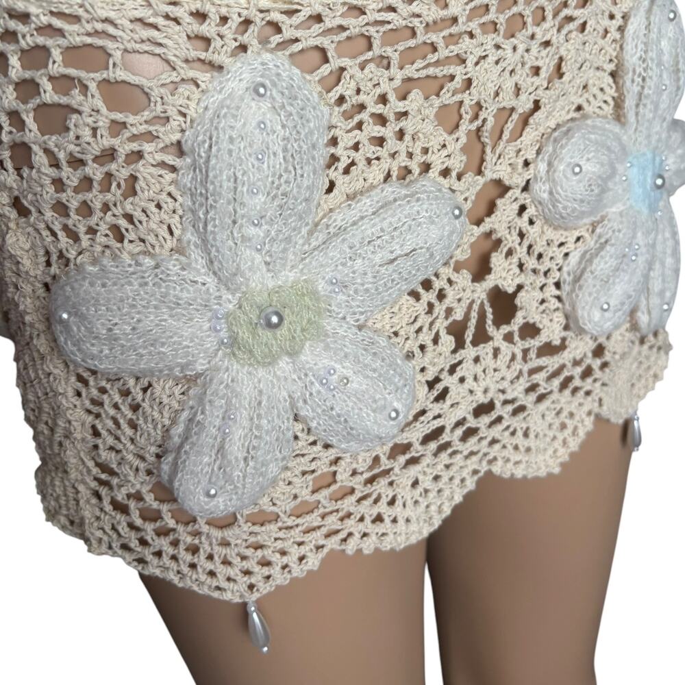 Upcycled Crochet Flower Mini Skirt Sheer Lace Wrap Ibiza Coquette Festival Fairy - Picture 2 of 6